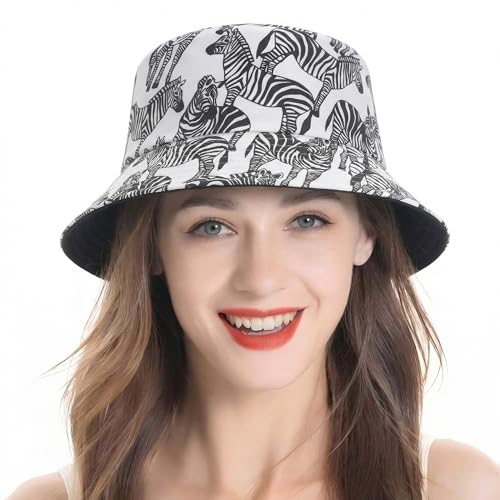 ZLYC Printed Bucket Hat for Women Men Packable Summer Sun Hat, Zebra White