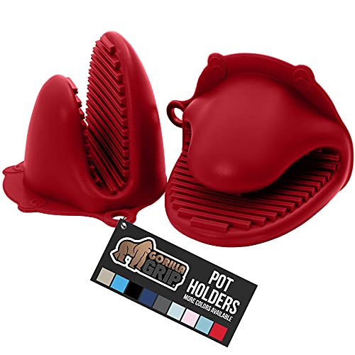 Gorilla Grip Heat Resistant, Waterproof, Silicone Mini Potholder Mitts, Set of 2, Oven Mitt Gloves, Protect Hands from Hot Plates, Easy Clean, Cooking and Baking Finger Pinch Grips, Red