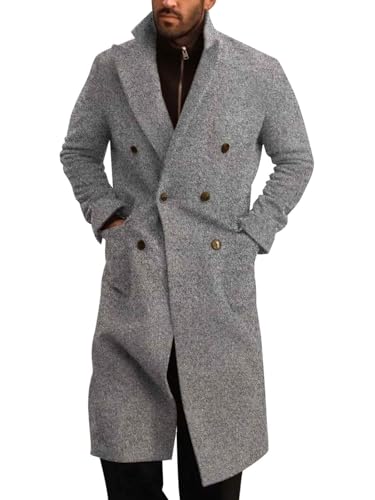 Image of Runcati Mens Wool Blend Casual Trench Coat Notched Collar Lapel Long Jacket Double Breasted Classic Winter Overcoat