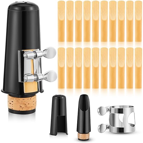 Boao 24 Pcs Clarinet Mouthpiece Kit Clarinet Reeds 2.5 Mouthpiece Kit with Ligature Plastic Cap Bb Accessory Strength Reeds with Storage Box for Replacement Supply