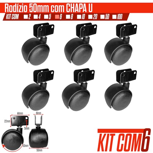 Kit 6 Rodizio para moveis Giratório sem freio 50mm Perfil U 19mm Preto