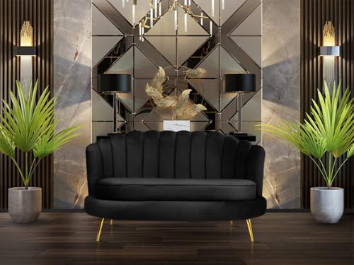 Sofa 2 Sitzer schwarz 150 cm - mit weicher Füllung, gesteppter Rückenlehne, mit goldenen Beinen, in Veloursstoff - Couch für Wohnzimmer, Gästezimmer, Wohnzimmer Möbel – Bild 3