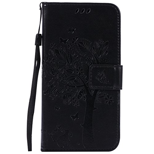 Gelusuk Huawei P10 Lite Lederhülle,Huawei P10 Lite Hülle,Retro Muster PU Leder Flipcase Bookstyle Brieftasche Case mit Kartenfächern Ständer Bumper Handyhülle Tasche Etui Schutzhülle-Schwarz Cover