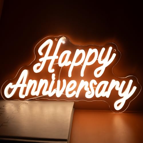 Image of Happy Anniversary Neon Sign - 15.75 inch Dimmable LED Wall Decor Light, USB Romantic Gift for Couples,Business Celebrate Banner,Party Wedding Anniversary Decorations