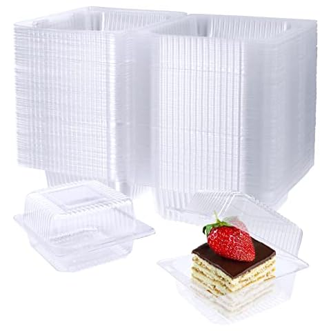 Jizvxe 100 Pack Clear Plastic Square Hinged Food Container,Disposable Plastic To Go Containers with Clear Lids,Cake Slice Containers Clamshell Takeout Tray for Pastry,Salad,Dessert(5.1"x 4.7"x 2.8") Cover