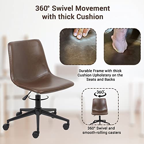 Btexpert Mid Back Faux Leather Task Home Office Desk, Modern Vanity Wheels Black Base Height Adjustable Swivel Armless Chair, Brown-1 #TOP5