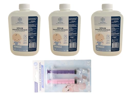 NaCl 0 9 Solución salina (3 x 500 ml) Juego de 2 jeringas de enjuague (10 ml), solución salina isotónica fisiológica 0,9 solución salina para bebés Saline Solution Baby Nariz lavado nasal BORNOVA