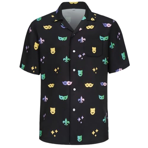 Regenboog Mardi Gras Shirts for Men Women Mardi Gras Button Up Shirts Adult Funny Casual Hawaiian Beach Carnival Shirt St. Patrick Day Outfit 3D Printed Mask and Beer Purple 7 M