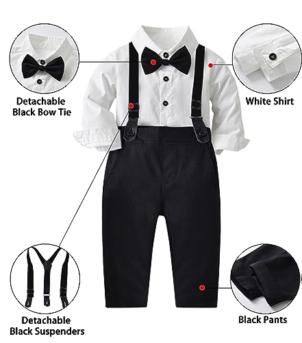 Image of SANGTREE Boys Gentleman Clothes Set, Short Sleeve Shirt with Bowtie + Suspender Pants Outfit, 3 Months - 6 Years