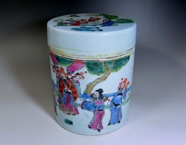 蓋物■中国陶磁器人物色絵合子 茶入 桃松 唐人 蓋鉢 丸筒鉢 入物 古玩 骨董■ 蓋物□中国陶磁器人物色絵合子 茶入 桃松 唐人 蓋鉢 丸筒鉢 入物 古玩