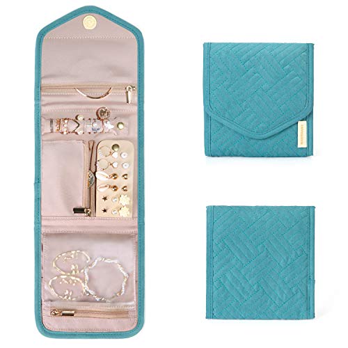 Image of bagsmart Travel Jewelry Organizer Case Foldable Jewelry Roll for Journey-Rings, Necklaces, Earrings, Bracelets, Teal, Mini