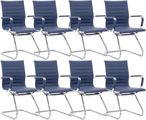 Image of HNY Leather Office Guest Chairs & Reception Chairs Set of 8, Modern Waiting Room Chairs with Arms, Desk Chair no Wheels with Sled Base for Waiting Room /Conference Room, Navy