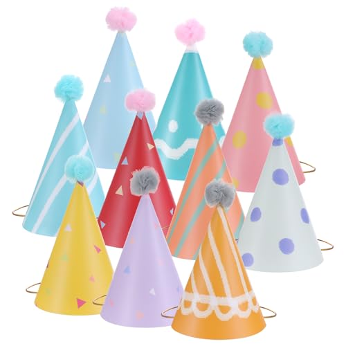 Aeaocvo 10 PCS Birthday Party Hats for Kids Adults, Colorful Cone Hat Decorations with Pom Poms for Toddler Girls Boys Baby Shower, Fun Party, Photo...