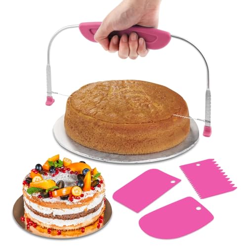 Adjustable Cake Leveler Cutter With 3PCS Cake Scrapers Set Baking Supplies Tool for Kitchen Large Size Cake-Cutter Slicer for Leveling Single Stainless Steel Wire & Plastic Handle(COLOR:Rose Red)
