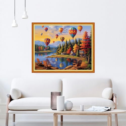 Image of DMCVIVR Stamped Cross Stitch Kits for Beginners Adults Needlepoint Kits for Beginners Embroidery Kits for Adults Crossstitch Kit for Beginners 11CT-Rainbow Hot Air Balloon 16x20 inchs