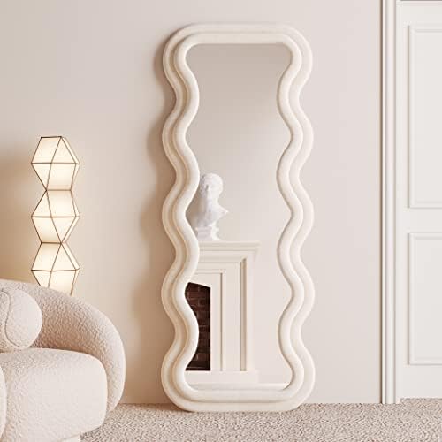 BOJOY Full Length Mirror 63"x24", Irregular Wavy Mirror, Wave Floor Mirror, Wall Mirror Standing Hanging or Leaning Against Wall for Bedroom, Flannel Wrapped Wooden Frame Mirror-White