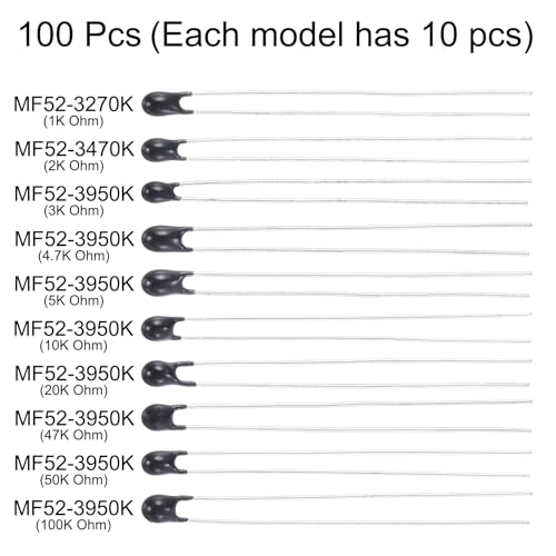 QUARKZMAN 100Pack NTC Thermistoren Widerstände 1K/2K/3K/4.7K/5K/10K/20K/47K/50K/100KOhm Hohe Empfindlichkeit Strombegrenzer Temperatur Sensor für Messung