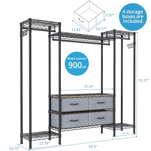 Large Garment Rack Heavy Duty Clothes Rack,Freestanding Closet Portable Clothing Rack with 8 Adjustable Wire Shelves,3 Hang Rods,4 Fabric Drawers,2 Hooks,Metal Closet Storage Wardrobe,MaxLoad 900lbs - Thumbnail 3