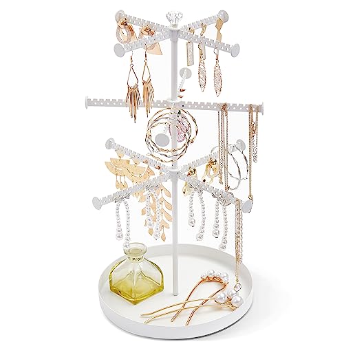 ProCase Earring Holder Organizer Jewelry Stand for Women Girls, 3 Tier Rotating Earring Tree Necklace Rack for Extra Long Necklaces, Metal Jewelry Storage Rack Display Tower -White