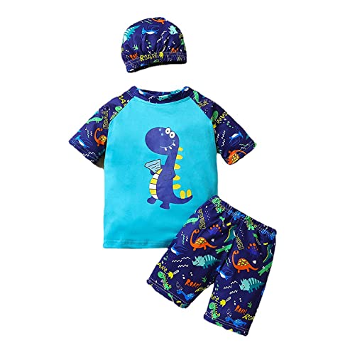 Toddler Boys Short Sleeve Dinosaur Prints Tops Shorts Hat Swimwear Beach Swimsuit Three Piece Matching Swimsuit