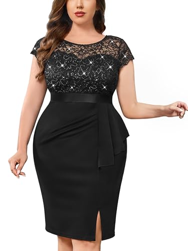 MISSMAY Women's Plus Size Sequin Floral Lace Ruffle Split Elegant Cocktail Party Dress