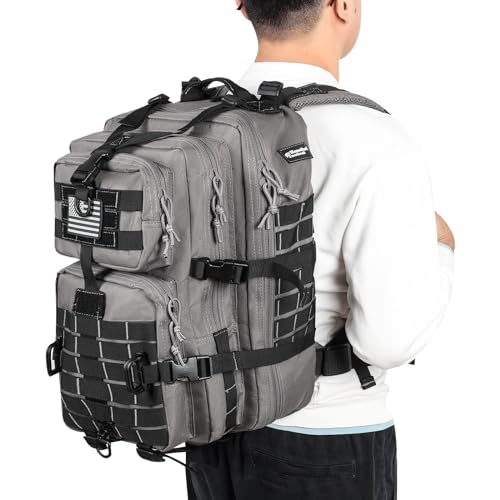 Image of Hannibal Tactical MOLLE Assault Backpack, Tactical Backpack Military Army Camping Rucksack, 3-Day Pack Trip w /USA Flag Patch, D-Rings Grey and Black