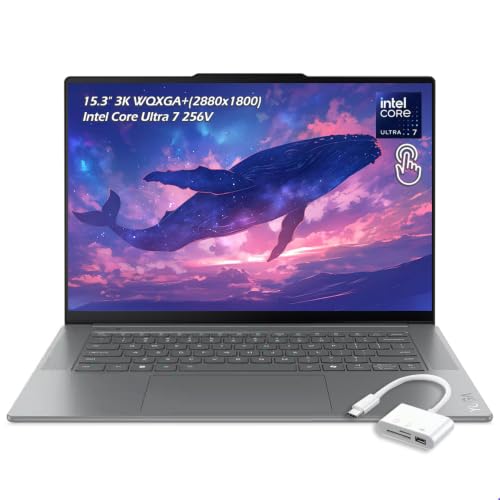 Image of Lenovo Yoga Slim 7i Aura Edition Copilot+ PC Laptop, 15.3 inch WUXGA 120Hz Touch, Intel Core Ultra 7 256V, 16GB LPDDR5X 1TB SSD, 5MP RGB+IR Cam Backlit KB Win11, Luna Grey, USB Hub, W /GaLiMu