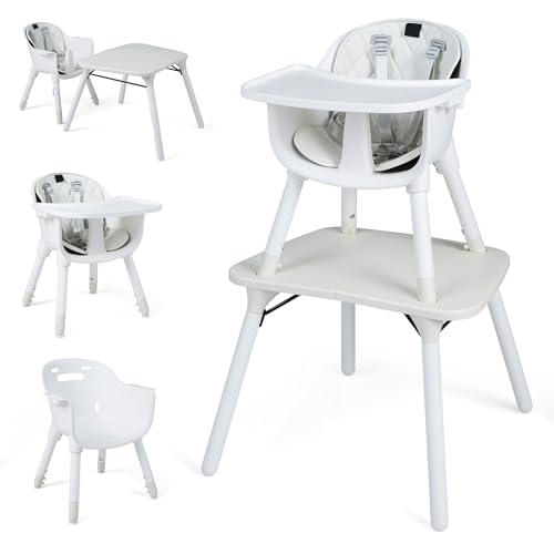 Image of HONEY JOY 5-in-1 High Chair, Convertible Highchair for Babies and Toddlers /Kids Chair Table Set /Infant Feeding Chair w /Safety Harness, PU Leather Cushion & Removable Food Tray (White)