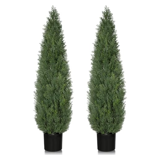 Artificial Cedar Trees for Outdoor 4 FT, 2 Set Outdoor Faux Cedar Bushes Topiary UV Protection and...