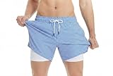 MaaMgic 5" Mens Swim Shorts with Compression Liner 4-Way Stretch Bathing Suit Swimming Shorts with Pockets,Blue White Stripes,M