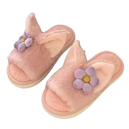 ZQW Pink Cozy Plush Animal Slippers Fluffy Fuzzy Fox Ears Slip On Slides Soft Warm Closed Toe Indoor Shoes for Women Winter