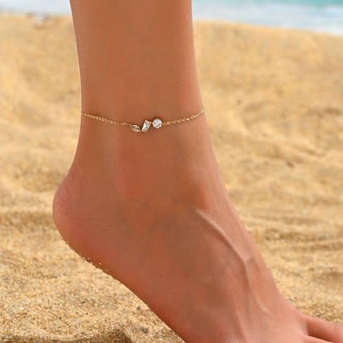 Image of NONAMOIS 18K Gold Plated Diamond Ankle Bracelets for Women Waterproof Gold CZ Pearl Bow Link Chain Anklets Non Tarnish Summer Beach Foot Jewelry Gifts