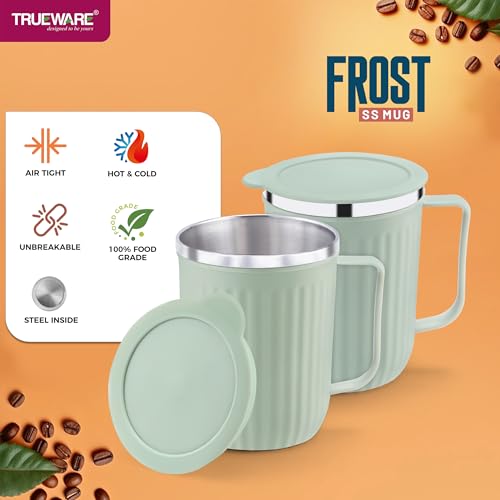 Image of Trueware Frost Unbreakable Mugs with Cap Stainless Steel Plastic Covered Travel Mug with lid for Tea, Coffee, Milk 400 ml (Green)