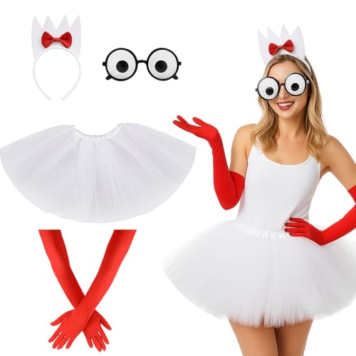 Simgoing 4 Pcs Halloween Fork Costume Accessories Include Fork Shaped Headband Tutu Skirt Fake Eyes Glasses with Red Gloves for Adults Women Cosplay Party