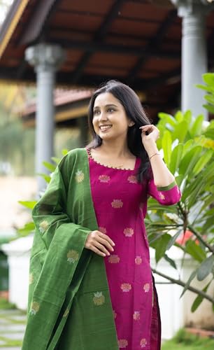 Image of Women's Cotton Silk Kurta Set with Dupatta | Embroidered Straight Kurti with Matching Pants | Traditional Ethnic Wear Suit for Festive, Casual & Office Wear
