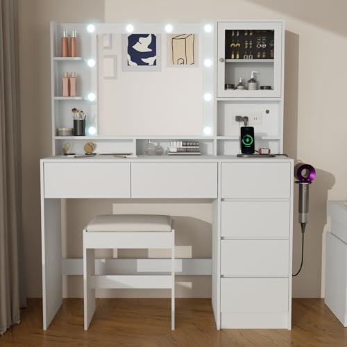 Image of Vanity Desk with Mirror and Lights, 43.3 inch Makeup Vanity Table with 6 Drawers and 3 Storage Shelves, Power Outlet & Stool, 3 Lighting Modes Adjustable Brightness, Dressing Table for Bedroom (White)