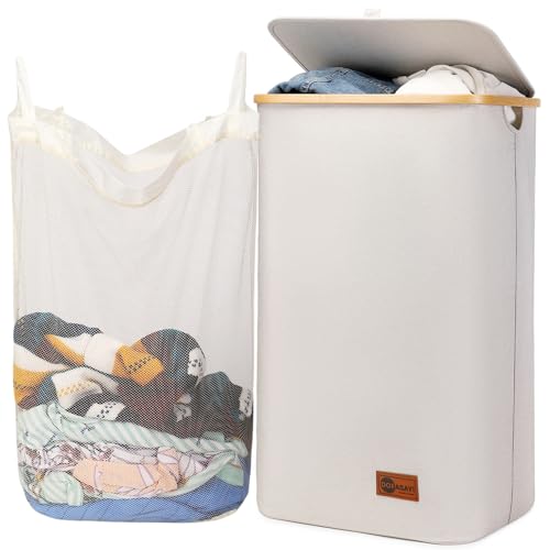 Image of DOFASAYI 110L Laundry Hamper with Lid - Clothes Hamper with Removable Laundry Bag and Bamboo Handles, Foldable Laundry basket for Laundry Room, Bathroom, Bedroom, Beige