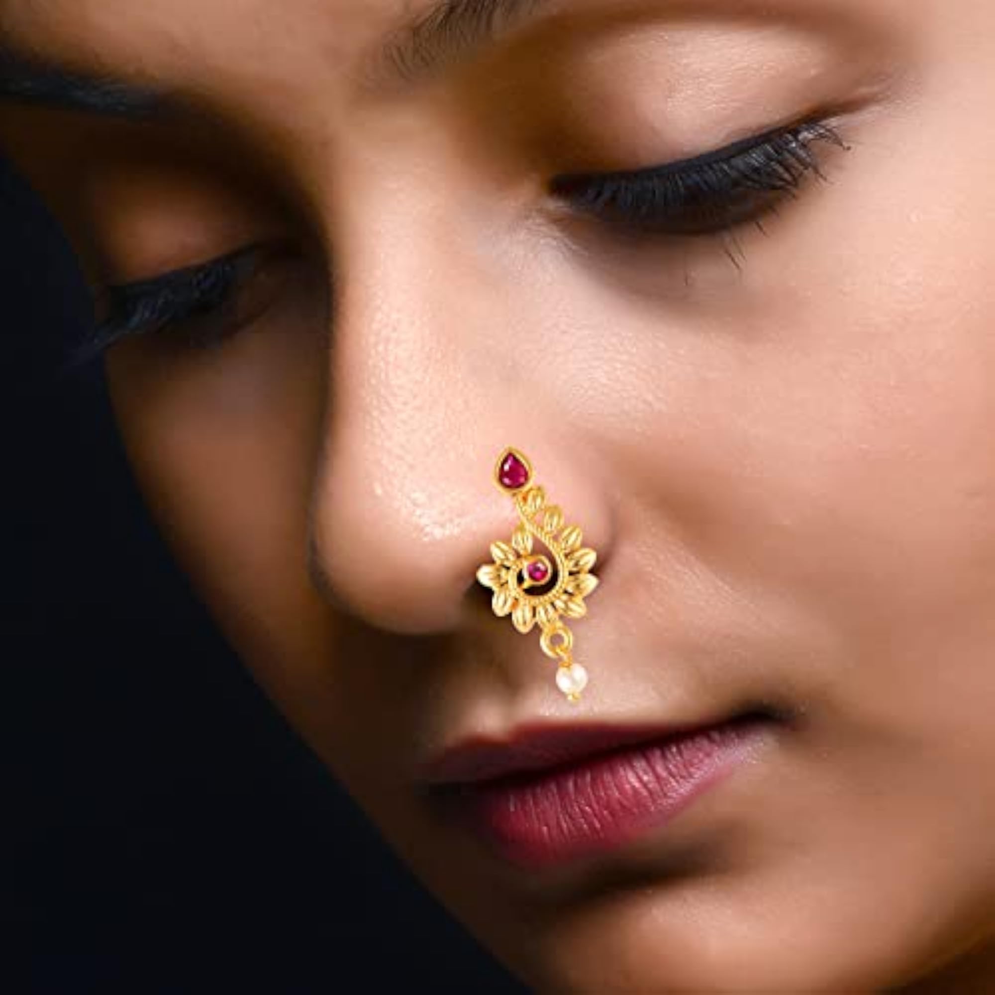 Women's Gold Plated Red Diamond Pearl Studded Nath