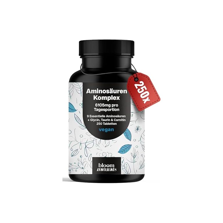 Productafbeelding van Aminozuren Complex Hooggedoseerd – 250 Tabletten – 6105 mg per Dagdosering met 9 Essentiële Aminozuren + Glycine, Taurine & Carnitine – Eiwit Supplement – Vegan & Geproduceerd in Duitsland voor vergelijking en koopadvies