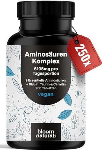 Aminosäuren Komplex Hochdosiert - 250 Tabletten - 6105 mg pro Tagesportion mit 9 Essentiellen Aminosäuren + Glycin, Taurin & Carnitin - Protein Kapseln - Vegan & produziert in Deutschland