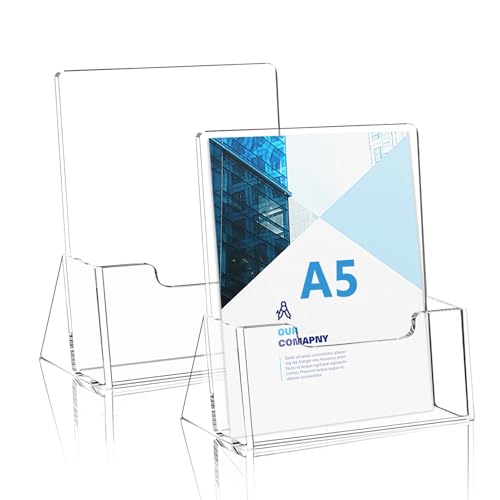 2 Stück A5 Flyerständer, Prospektständer, Acryl Transparenter Postkartenständer mit Visitenkartenfach, für Counter Büro Restaurant Rezeption, Visitenkartenhalter, Prospektständer, Flyer Aufsteller