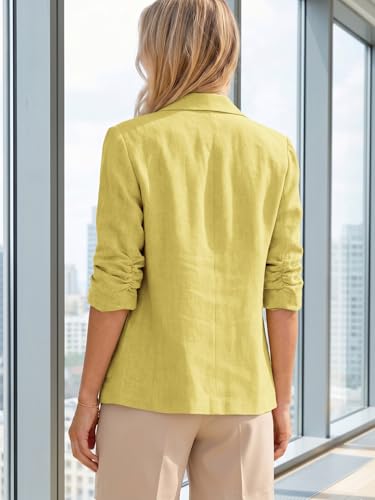 Image of Mina Self 2026 Summer Women's Linen Blazer Jacket - Lightweight Breathable 3 /4 Stretchy Ruched Sleeve Casual Work with Pocket