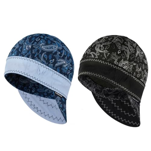 Image of Fullsheild Mens Women's Cotton Welding Cap FR Reversible Welder Caps Hat One Size for Welder Electrician Power Gas Oilfield (US, Alpha, One Size, Paisley Blue&Black-2pcs)