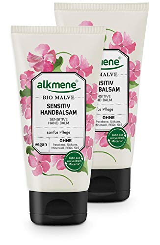 Alkmene Bálsamo de manos con malva orgánica - Crema de manos sensibles y secas - crema vegana reparadora, sin siliconas, parabenos ni PEGs, SLS y SLES 2x 75 ml