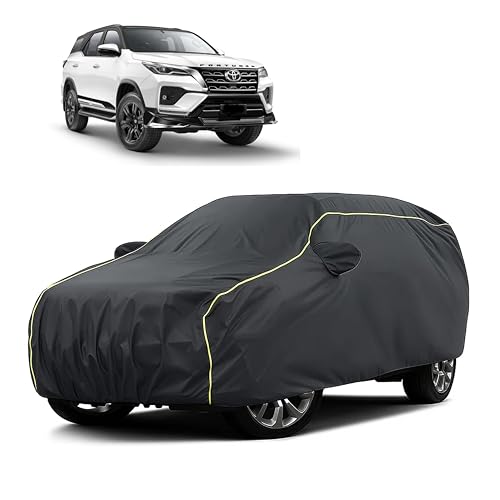 Image of Sulfar 100% Water Resistant Car Body Cover Compatible with Mirror for Toyota Fortuner (Triple Stitched, Full Bottom Elastic, Dark Grey Taffeta with Yellow Piping)