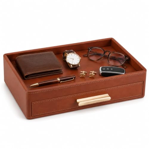 GORESE Leather Valet Tray with Drawer for Men, Nightstand Organizer, Brown