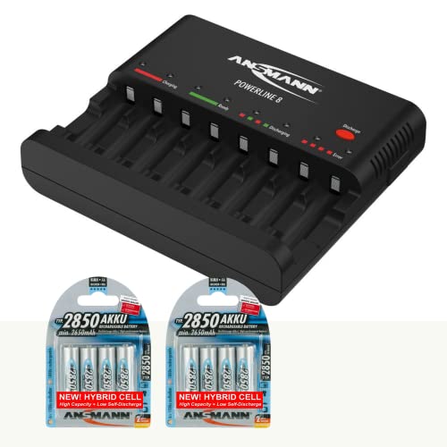 Cargador de batería inteligente con función de descarga Ansmann Powerline 8 y pilas AA