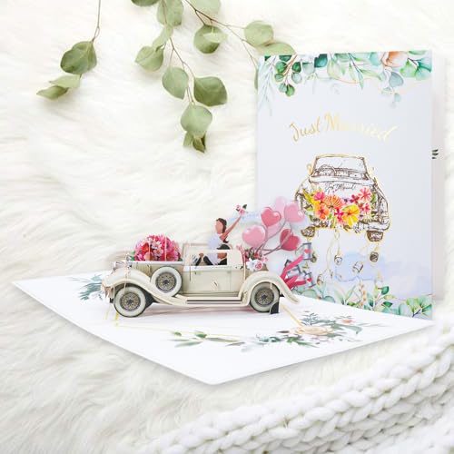 YEVIOR 3D Pop Up Hochzeitskarte Elegant,Just Married Hochzeitsgrußkart mit Braut und Bräutigam, Verlobung, Brautparty, Frisch Vermählte, Hochzeitsglückwünsche