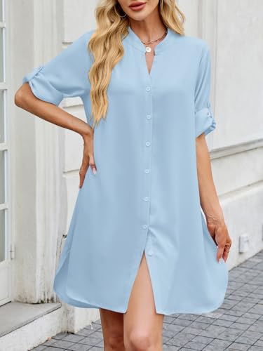 Image of PerZeal Womens Sexy V Neck Button Down Shirt Dresses Summer Short Sleeve Casual Loose Blouses & Button-Down Shifts Cover Ups