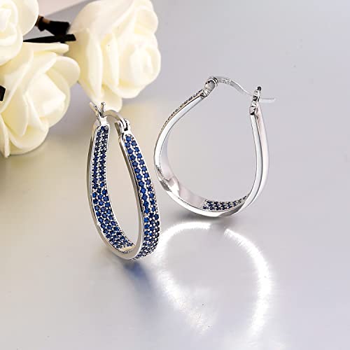 Cinily 925 Sterling Silver Post Big Sapphire Blue Cubic Zirconia Hoop Earrings For Women Teen Girls Large Oval Chunky Hoop Earrings 14K White Gold Plated Gemstone Earrings #TOP4